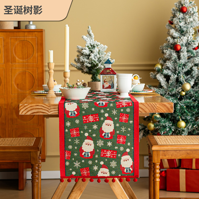 跨境亚马逊风仿棉麻手工流苏桌旗餐桌布艺家用圣诞树影喜庆装饰品|undefined