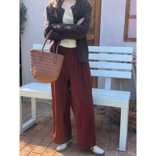 Angola Red Autumn/Winter Fleece Lined Thick Corduroy Wide Leg Pants for Petite Figures, Slimming Loose Large Size Pants for Plus Size Women