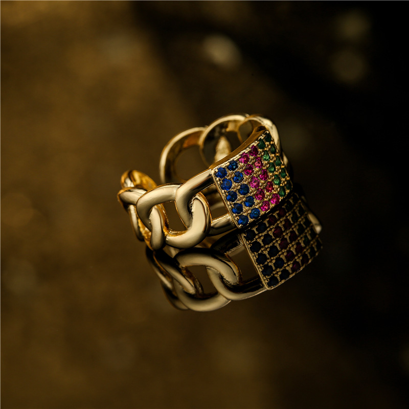 Retro Copper Color Zirconium Full Diamond Cuban Chain Open Ring display picture 4