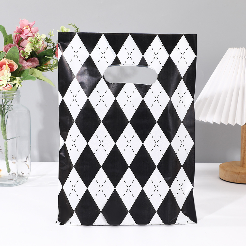 黑白菱格纹手提袋PE塑料袋 简约时尚购物礼品包装购物袋手提袋