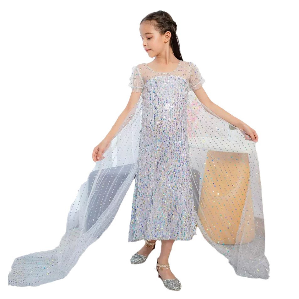 Sequins Detachable Trailing Frozen 2 Elsa Dress Princess Dress Performance Clothes Children Girl Dress Dress