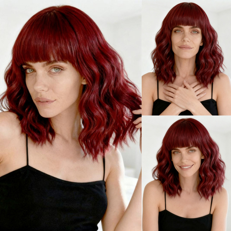 African Wig for Women, Small Curls, Burgundy Color, Medium-Long Hair, Export Synthetic Fiber Hairpiece, One-Piece Dropshipping, Can Be Permed and Dyed