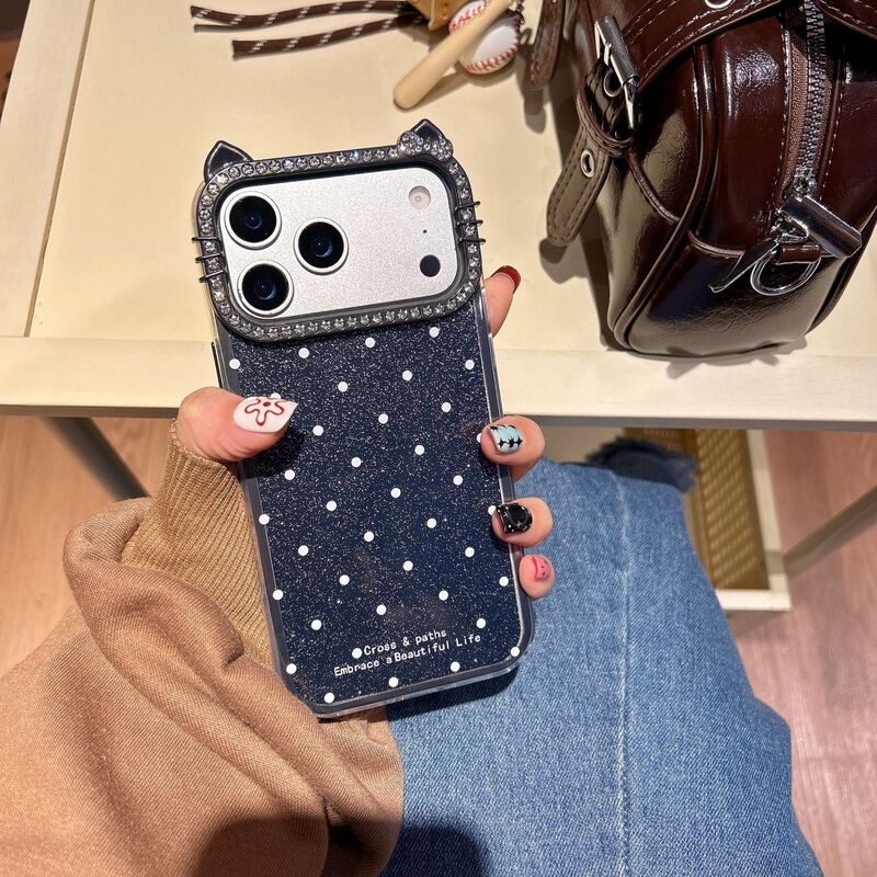 Polka Dot Cat Ears Suitable for Apple 17Promax Mobile Phone Case, High-End Fashion Anti-Fall Apple 16Promax Case