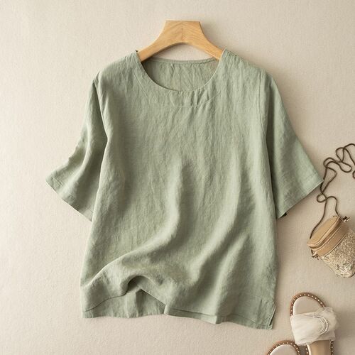 Cotton and linen short-sleeved shirt, top, women's literary retro temperament, design, 2026 summer new loose casual pullover