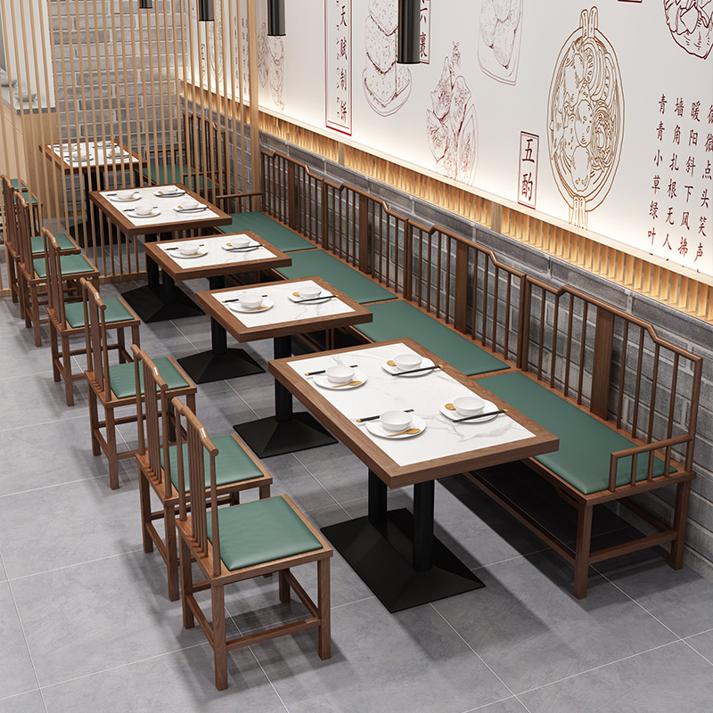 Nuevo restaurante de estilo chino occidental sofá de asiento de ficha contra la pared estilo nacional de estilo Hunan restaurante de cocina de madera maciza cubierta tabla de roca mesa de comedor combinación de silla
