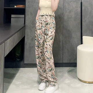 跨境花裤子女夏凉裤薄款休闲垂感直筒拖地夏季冰丝高腰显瘦阔腿裤