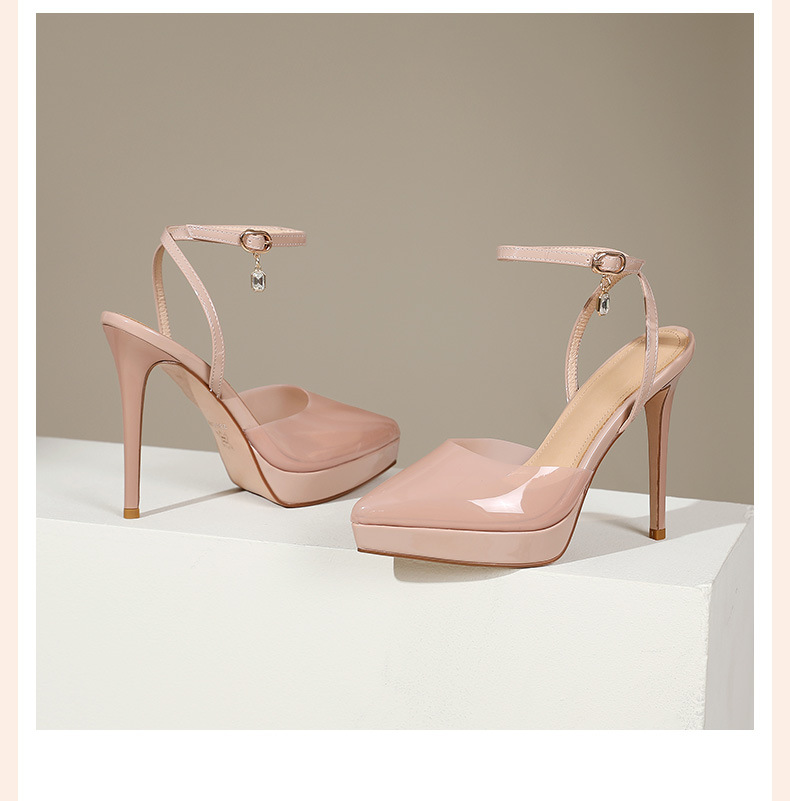 Sandal cao gót nữ bít mũi đế chống thấm da thật phong cách Roman gợi cảm đính đá rhinestone gót nhọn 12 cm — Màu đen chi tiết 1