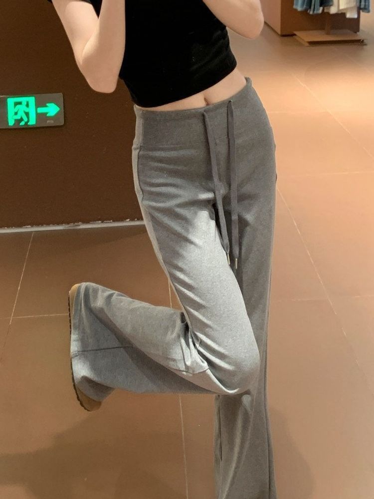 灰色慵懒直筒垂垂裤女夏季高腰显瘦抽绳微喇裤小个子休闲运动卫裤