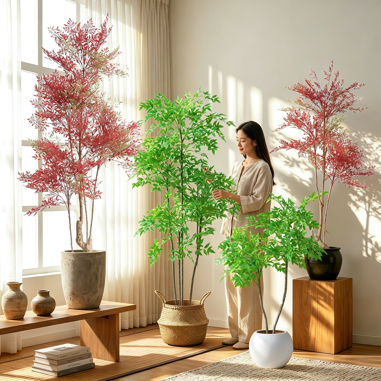 Artificial Green Plant Nandina Floor-Standing Potted Plant, Simulated Plant Decoration for Living Room Sofa Side, Home Decor Bonsai Fake Tree