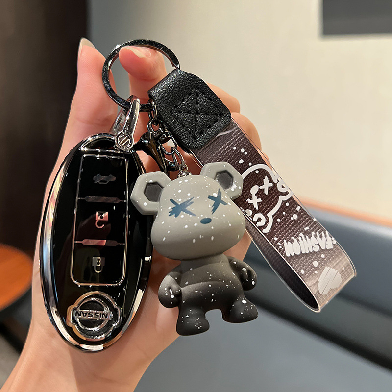 닛산 C-스마트 3 키 [싱글 쉘 블랙] + 회색 폭력 곰 펜던트