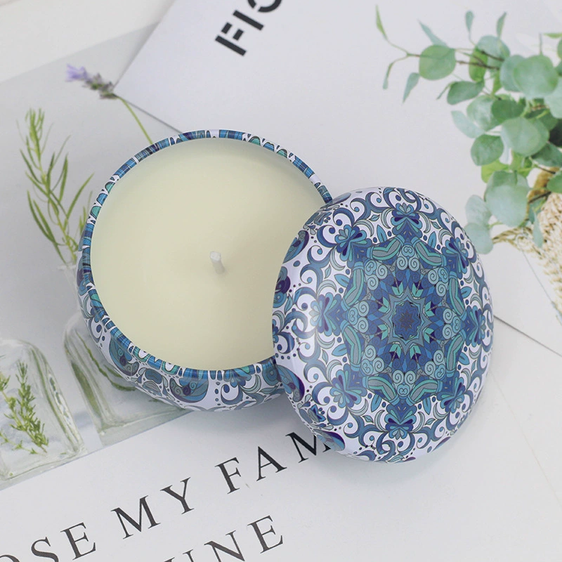 Aromatherapy soy wax tin candle, plant‑based, 55 g wax, 12–14 h burn, decorative tin
