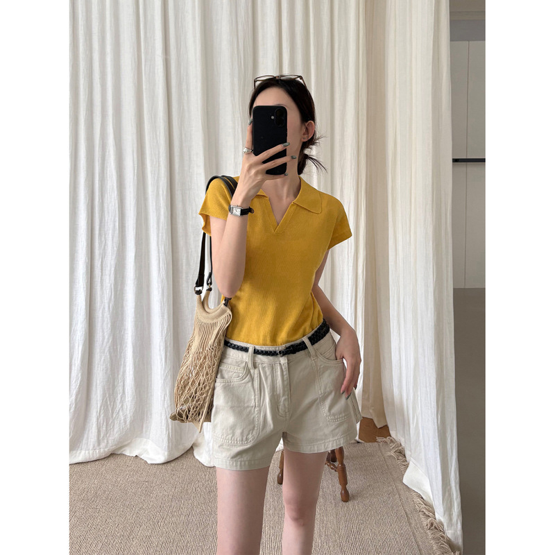 Tg Exquisite Commuting Style Classic Polo Collar V-Neck Drop Shoulder Flutter Sleeve Knit Sweater 2026 Summer Collection 22558