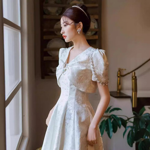 New Chinese Style Bridal Toast Dress 2025 New National Style Puff Sleeve Engagement Dress Skirt Home Banquet Bridal Toast Dress