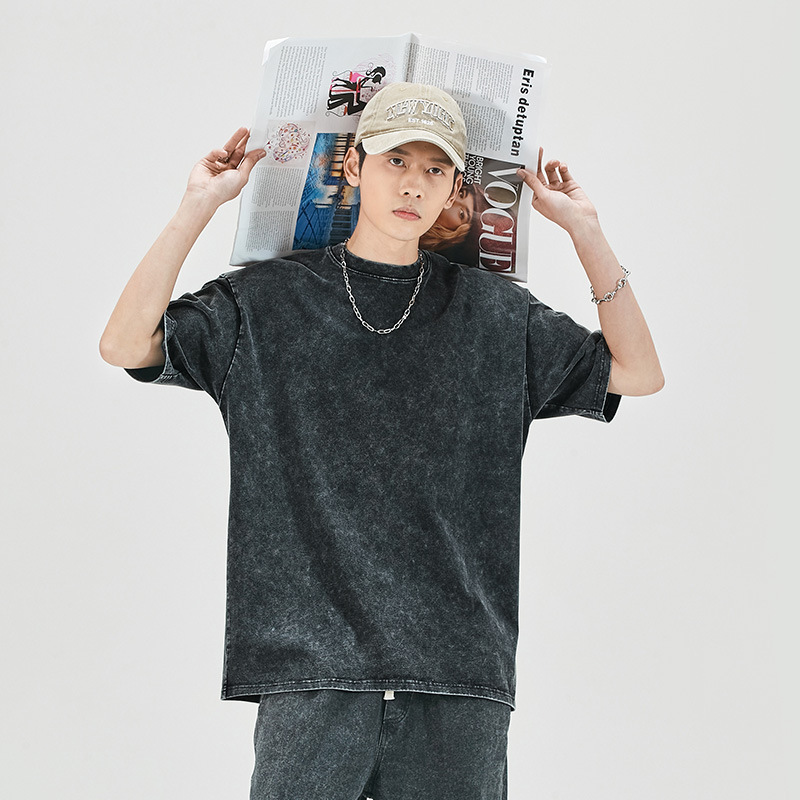 Heavy Cotton Solid Color Old Washed Grey T-Shirt Women's Short-sleeved Summer Loose Round Neck Fashionable Top Men's 26088