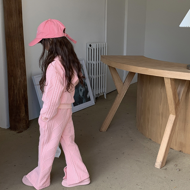 Set da due pezzi moda autunno bambina nuova bambina coreana lavorata a maglia a maniche lunghe con spacco e pantaloni svasati_voghion.com