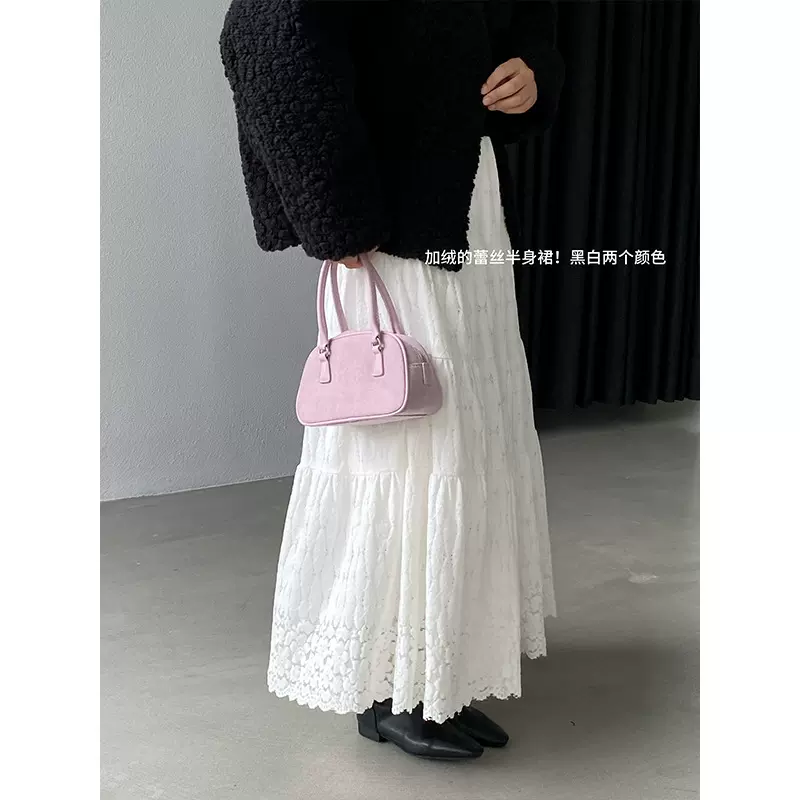 江左  加厚米白蕾丝长款半身裙女2025冬季高腰显瘦A字裙长裙 6378