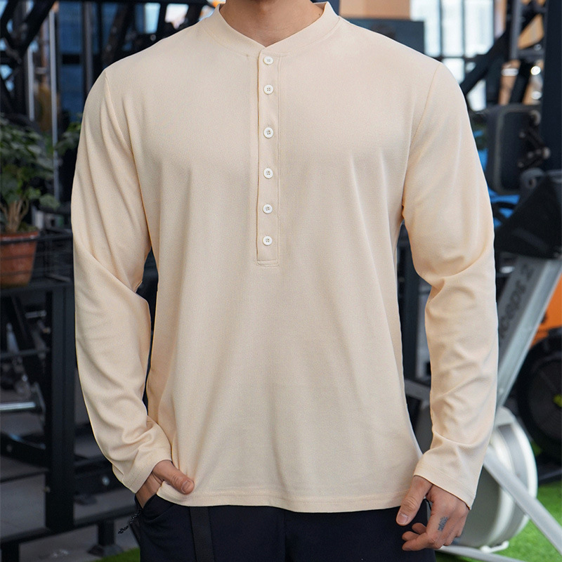 美式亨利领V领POLO长袖男款户外运动休闲立领大码弹力竖条健身衣