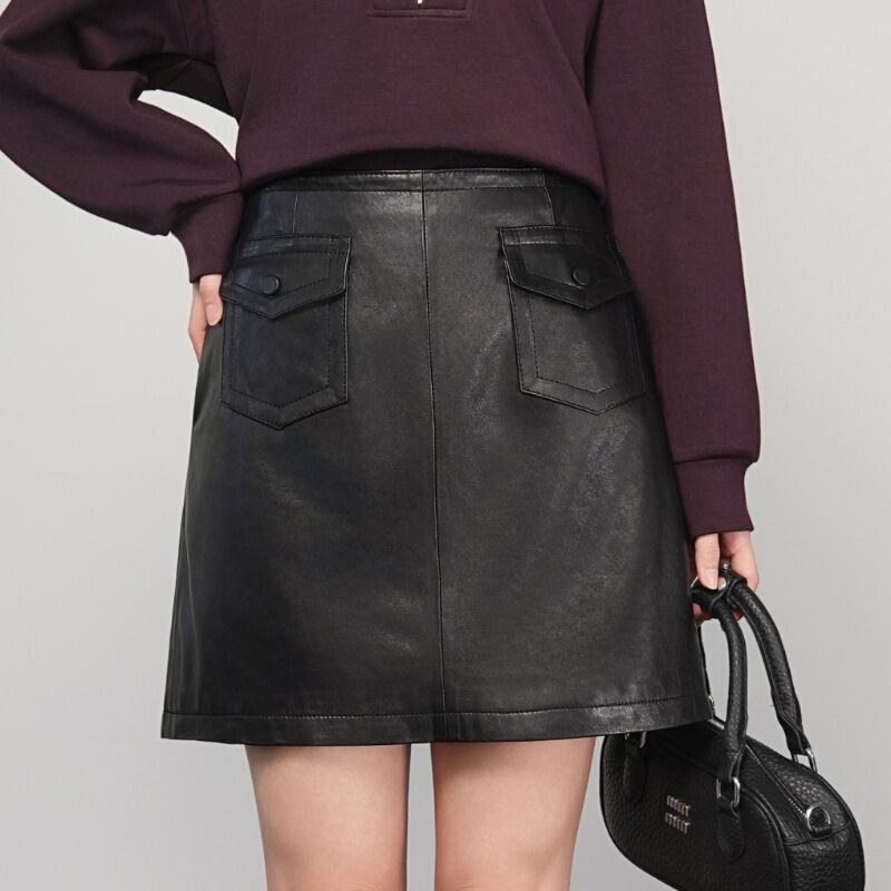 High-Waisted A-Line Slim Skirt for Women, Autumn and Winter New Leather Skirt, Fashionable and Versatile Outer Wear, Simple Goatskin Hip Skirt High-Waisted A-Line Slim Skirt for Women, Autumn and Winter New Leather Skirt, Fashionable and Versatile Outer Wear, Simple Goatskin Hip Skirt