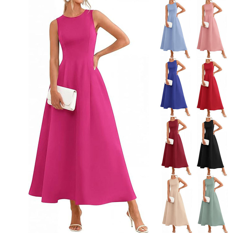 2026 Summer Amazon European and American Foreign Trade New Cross-Border Women's Sleeveless Round Neck Solid Color Waist-Cinching Elegant Dress 2026 Summer Amazon European and American Foreign Trade New Cross-Border Women's Sleeveless Round Neck Solid Color Waist-Cinching Elegant Dress