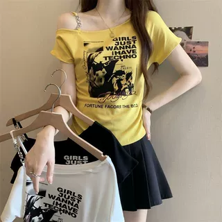 大码韩版印花露肩短袖t恤女夏季2025新款宽松显瘦收腰百搭上衣女