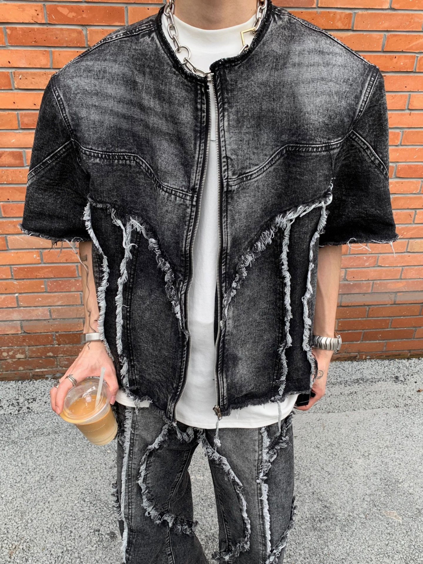 Men's Clothing Tie Dyed Washed Distressed Short Denim Suit Raw Edge Stitching Flared Jeans Jacket Raw Edge Trend_voghion.com