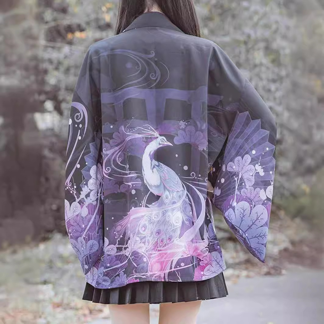 Hot-selling Chinese-style dragon totem crane phoenix luan bird feather cardigan, casual kimono cape, Taoist robe, loose fit