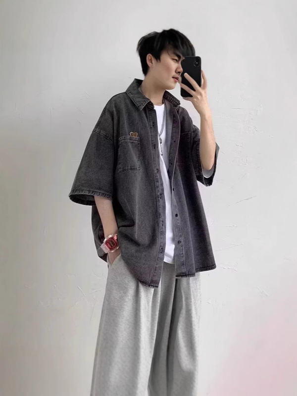 香港風和風デニムシャツメンズ半袖夏服ハンサムシャツサマージャケットトレンディなブランドデザインニッチ|undefined