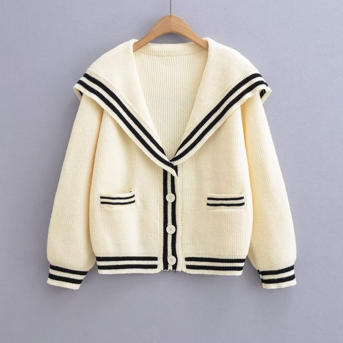 navy collar contrast color knitted cardigan NSAM139034