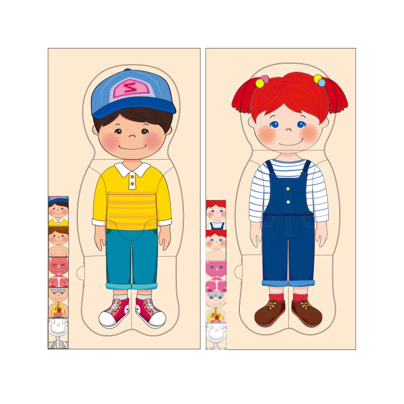(2개) 나무 다층 퍼즐 장난감  교육 퍼즐 소년 및 소녀 바디 조립 인간의 장기인지