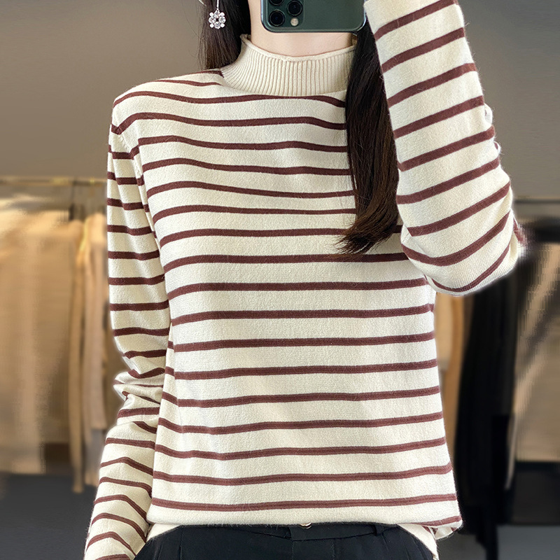 2025 Autumn and Winter Women's Knitted Knitwears Stripesd Knitwears Women's Half Turtleneck Bottoming Shirts Women's Korean Style Manufacturers Export Batch