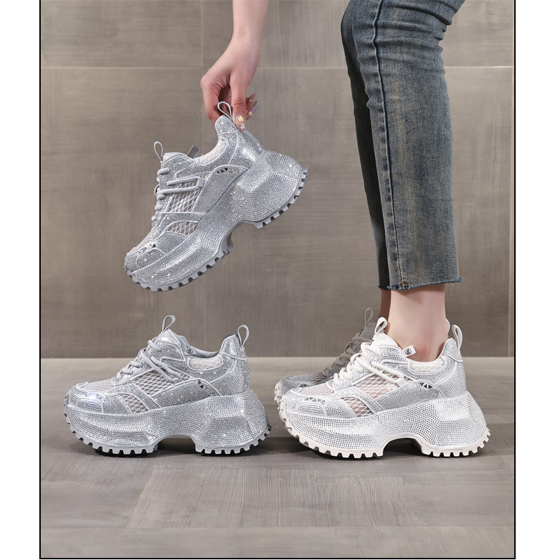 Giày sneaker nữ đế dày phối đá đính đầy mặt lưới thoáng khí — Xám bạc chi tiết 16