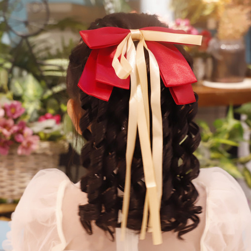 Children's short wig ponytail with red bow Roman curl wig hair accessories for girls cute chemical fiber high ponytail