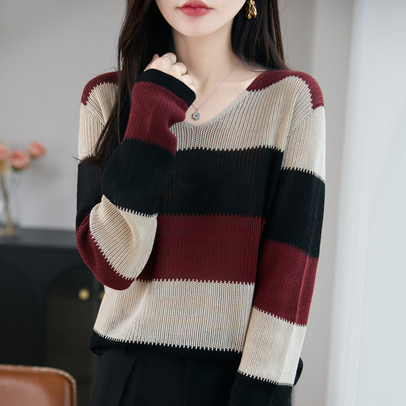 精纺羊毛2025秋冬新女式宽松V领拼色宽条套头内搭上衣打底针织衫|undefined