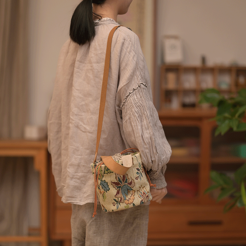 庸庸布包新中式印花水桶包女斜挎夏感小众单肩手提小包包文艺