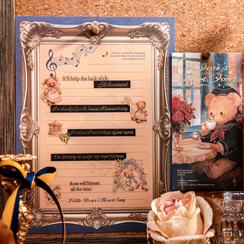 Carta de primera vida en papel Juego de sobres de papel Corazón de oso Serie de música Ilustración linda Mensaje de estudiante Envío de sobres de papel de carta