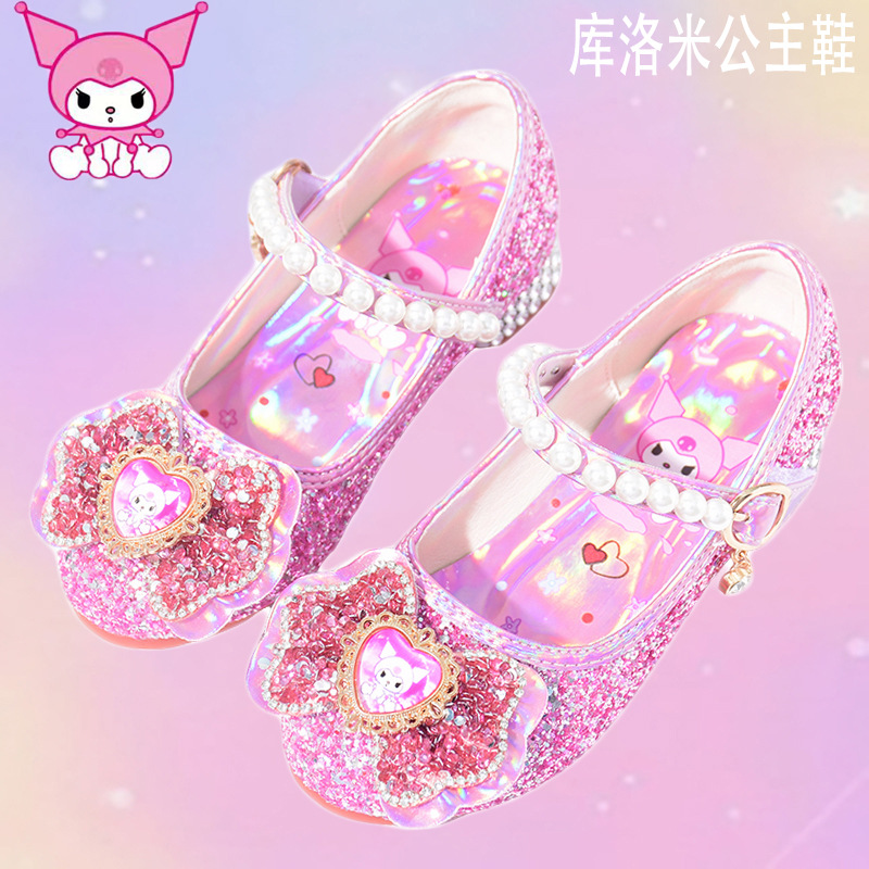 Princess Shoes, Children's High Heels, Kuromi Children's Shoes, Sweet Bow Pearl Dress Shoes, Girls' Crystal Shoes