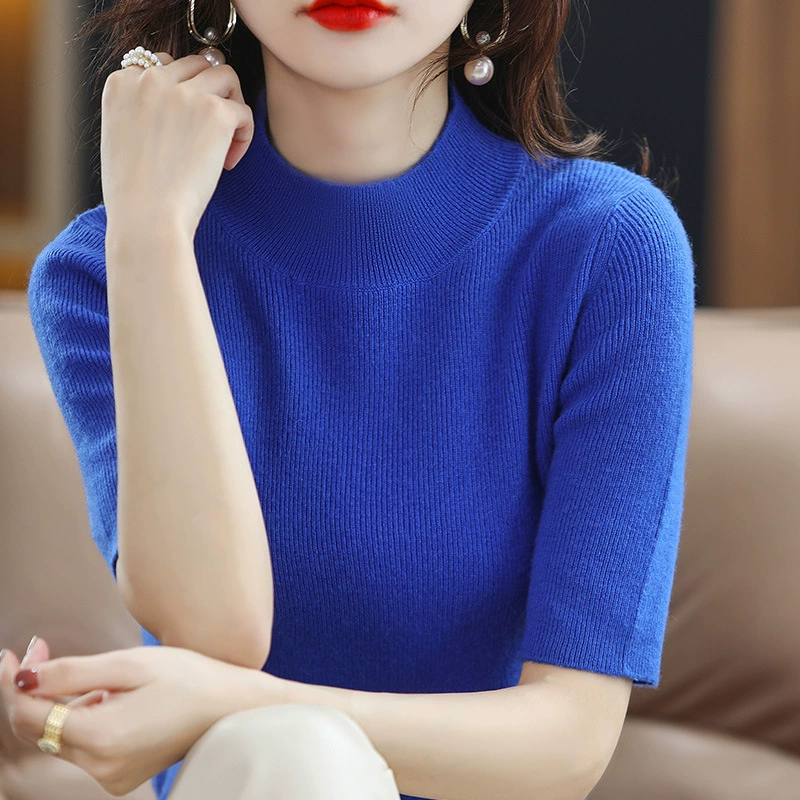 Простая и элегантная женская базовая кофта с рукавом пять четвертей, полувысоким воротником, трикотажный облегающий топ с рукавом средней длины и воротником средней высоты для весны и осени.