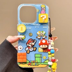 大穴立体キノコマリオチェーン付きiPhone17promax/Apple15/14用スマホケース（女性向け）