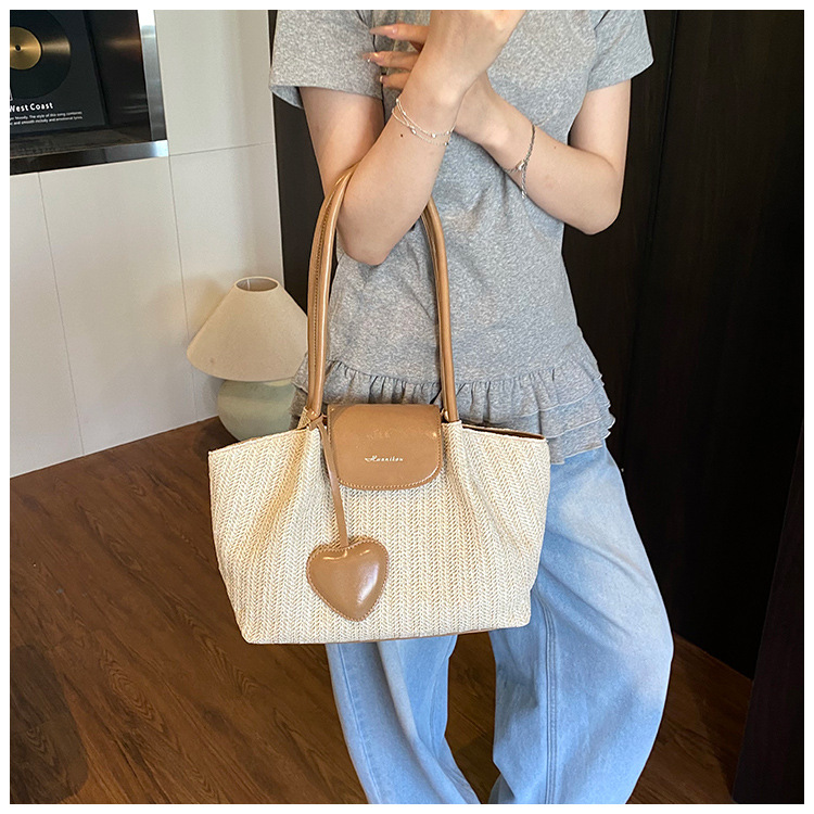 French niche straw woven large-capacity tote bag for women 2025 summer casual vacation beach woven single-shoulder bag trend undefined