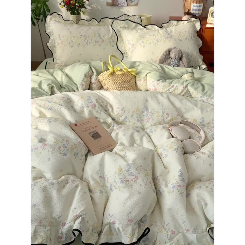 Ice Silk Cooling Duvet Cover Set Ruffled Edge Gauze Bedding 4 Piece_voghion.com