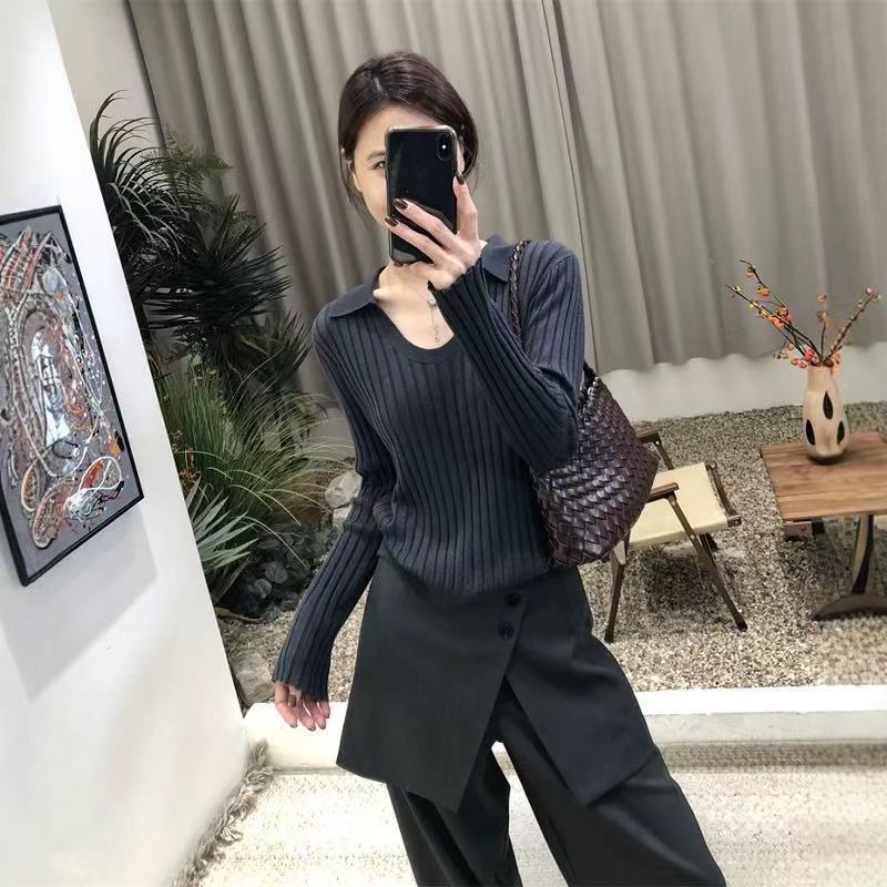 2025秋冬复古坑条羊毛针织衫女POLO衫短款翻领正肩U领打底上衣女|undefined