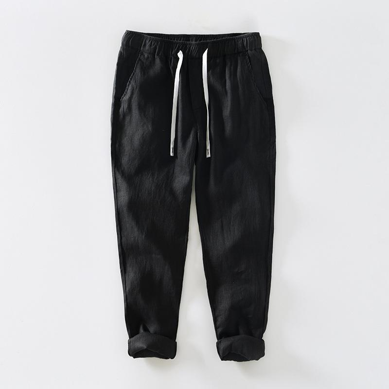 L8236 Summer New Pure Color Simple Casual Pants Men's Linen Breathable Lace-Up Pants Men's Drop Shipping