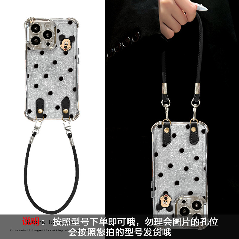 水玉ミッキー人形ストラップ Apple 16 かわいい電話ケース 13promax 電気メッキ落下防止 15 グリッター 14|undefined