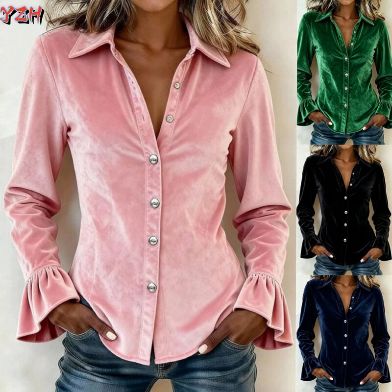 2027 European and American Cross-Border Autumn and Winter New Women's Casual Collared Flared Sleeve Korean Velvet Button-Up Shirt Top Women's Shirt