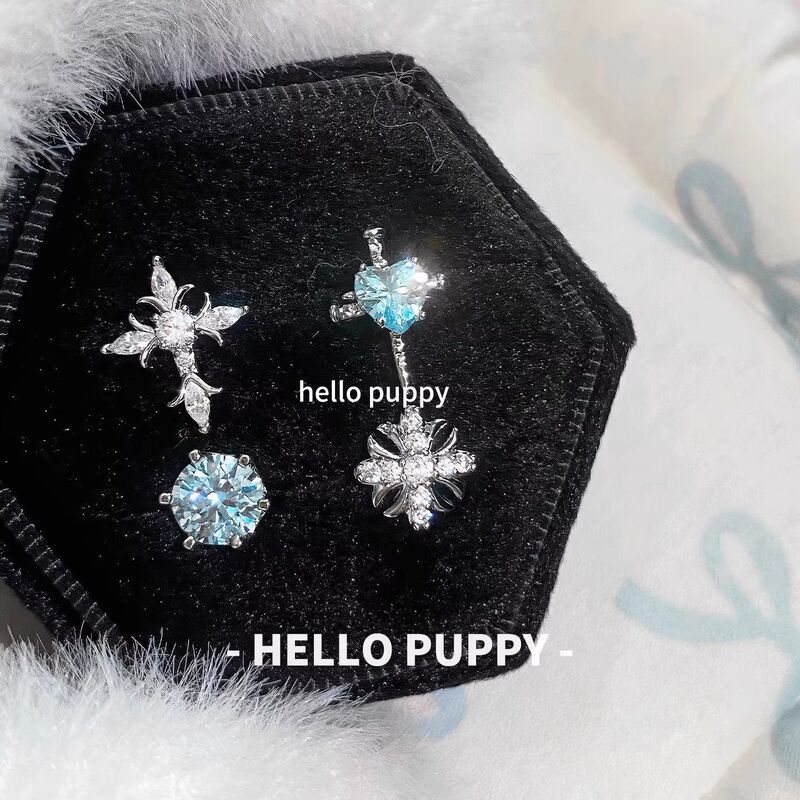 F136 Titanium Alloy Earrings with Copper Inlaid Zircon, Blue Cross Design, 1.2mm Thick, 0.9mm Internal Thread Spiral Ear Bone Stud