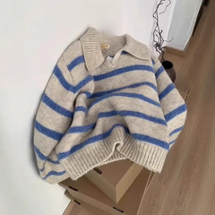小众蓝色条纹polo翻领长袖新款针织衫毛衣女秋冬慵懒套头上衣