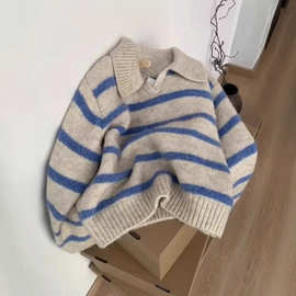 小众蓝色条纹polo翻领长袖新款针织衫毛衣女秋冬慵懒套头上衣