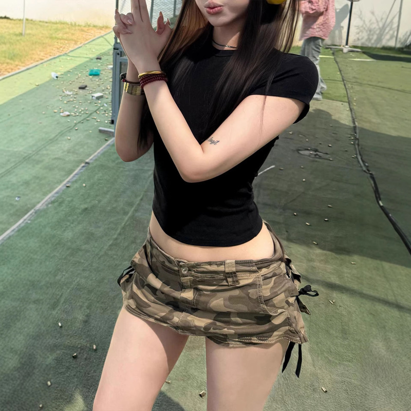 Hot Girl Y2K Workwear Low-Waist Camouflage Denim Skirt for Women, Summer Anti-Exposure Side-Tie Hip-Hugging Short Skirt Pants