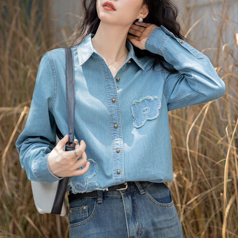 Hong Kong Style Flower Patch Embroidered Denim Shirt for Women Spring & Fall New Design Layered Long-Sleeved Casual Shirt Jacket