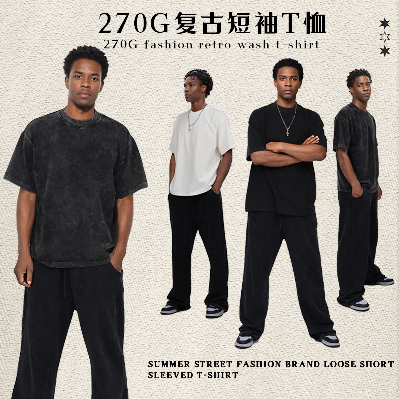 Verano nuevo producto pesado 270G retro lavado y desgastado camiseta de manga corta para hombre de algodón suelto camiseta de batik retro para hombre